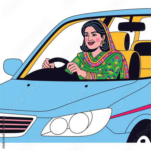 Indian woman driving car while wearing traditional green salwar kameez