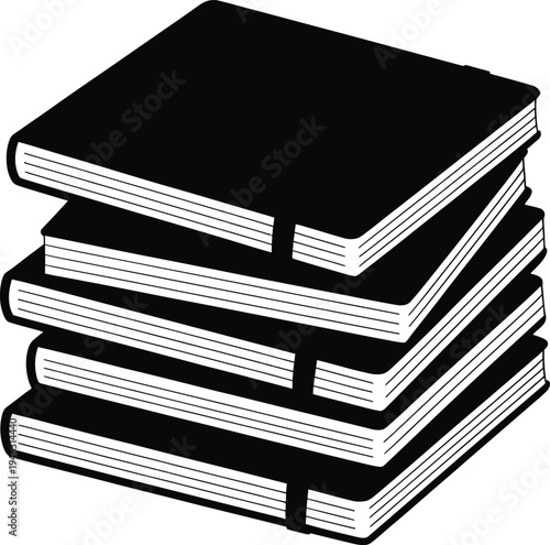 Stack of black and white illustration books with white pages