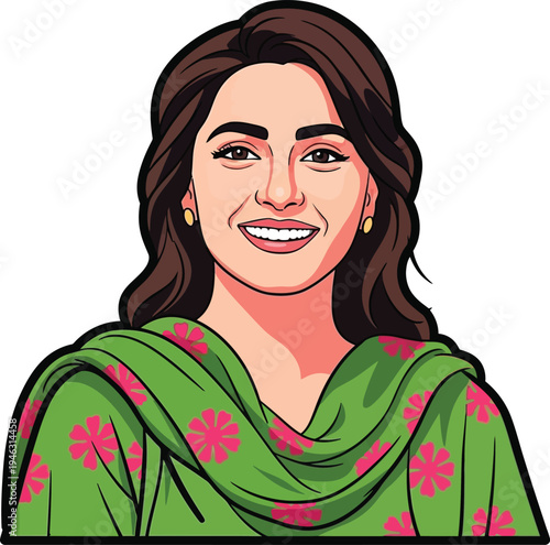 pakistani woman smiling wearing traditional green dupatta