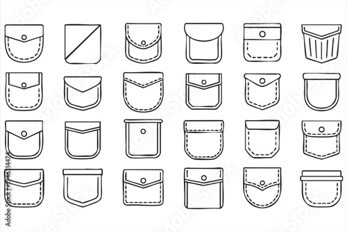 Tailor pocket patterns and stitched garment flap outline icons for fashion design collections