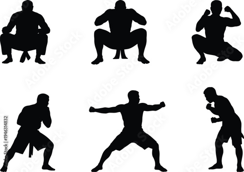Martial arts silhouettes, combat stances, fighting poses, defensive posture, squatting positions, fists raised, wide stance, training illustration, fitness concept