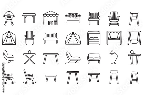 Home and garden furniture outline icons, chair table sofa seating symbols for interior visuals