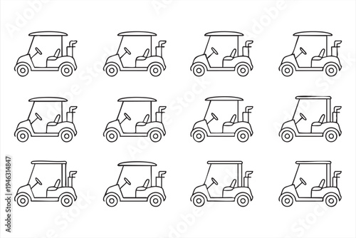 Leisure transport golf cart line icon collection, eco mobility vehicle symbols for resort visuals