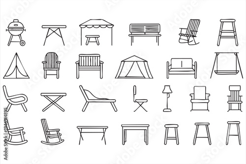 Household seating and table outline icon pack, furniture symbols for decor and real estate graphics