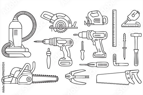 Carpentry and maintenance power tool outline icons, hardware equipment symbols