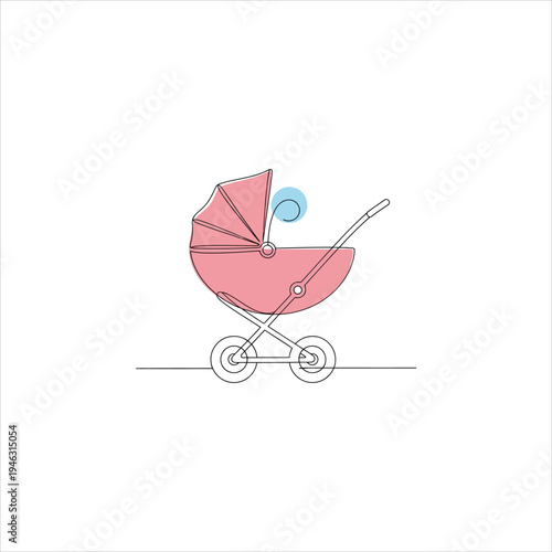 A pink baby stroller with a blue pacifier