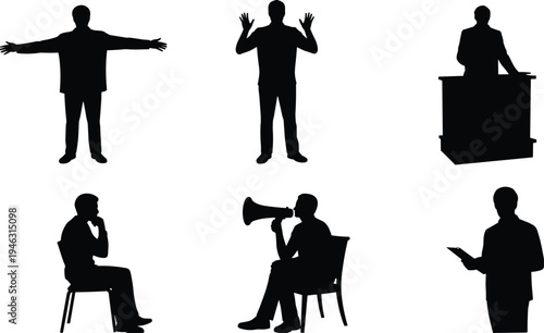 Public speaking silhouettes, communication gestures, podium presentation, thoughtful pose, megaphone announcement, clipboard reading, expressive body language, teaching concept, workplace illustration
