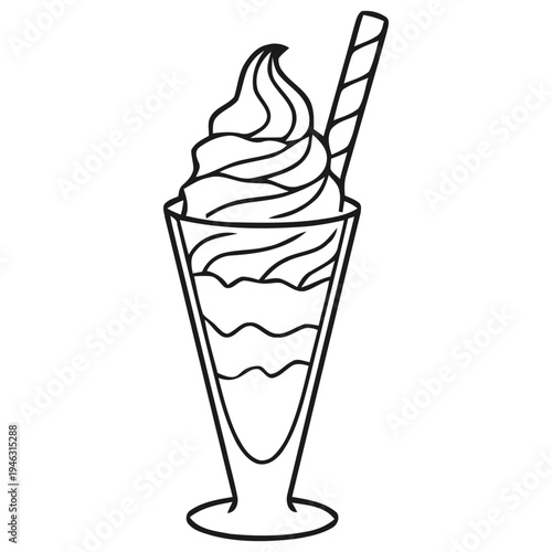 Delicious ice cream sundae with straw in tall glass