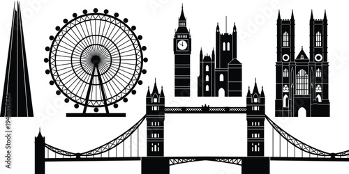 London Landmark Silhouettes Collection with Big Ben Tower Bridge London Eye Westminster Abbey and The Shard Isolated on White Background