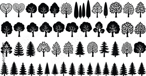 Large collection of tree silhouettes including deciduous, evergreen and ornamental shapes, botanical forest icon set isolated for nature design