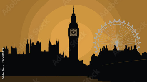 London skyline silhouette with Big Ben Houses of Parliament and London Eye at sunset background travel illustration