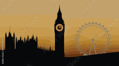 London skyline silhouette with Big Ben Houses of Parliament and London Eye at sunset landscape illustration for travel design