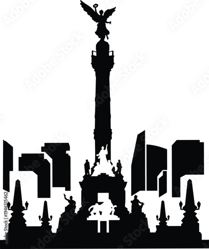 Angel of Independence monument with Mexico City skyline silhouette isolated on white background, famous landmark architecture illustration for travel design