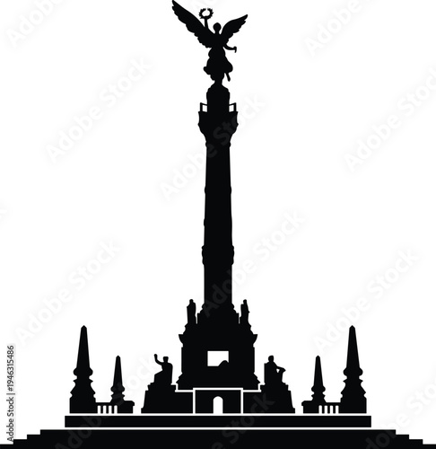 Angel of Independence monument silhouette isolated on white background, famous Mexico City landmark statue illustration for travel and architecture design