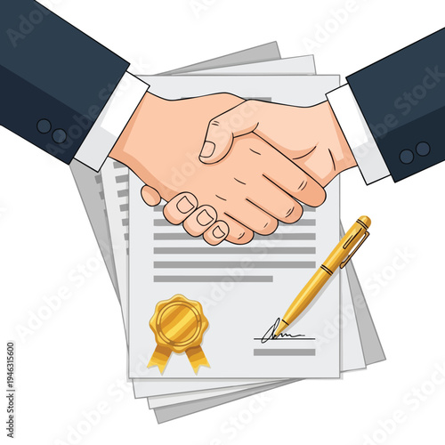 Two hands in suits shake above documents, a golden seal, and pen