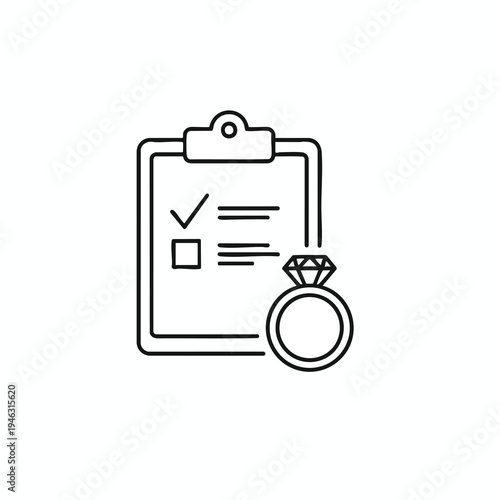 A line drawing shows a clipboard with a checklist and a diamond ring