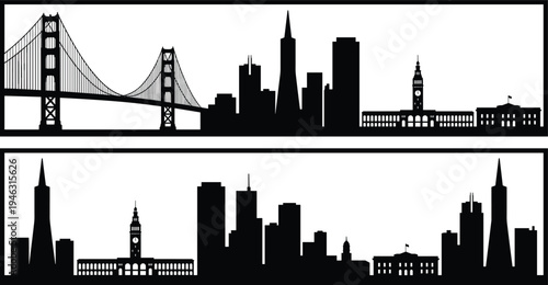 San Francisco City Skyline Silhouette with Golden Gate Bridge and Landmark Buildings Isolated on White Background for Urban Design