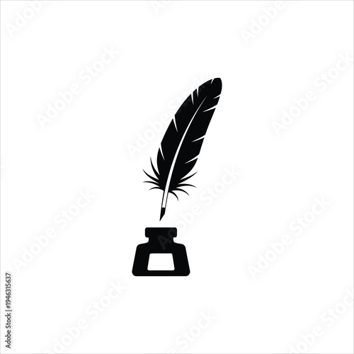 A black and white image of a feather in an inkwell
