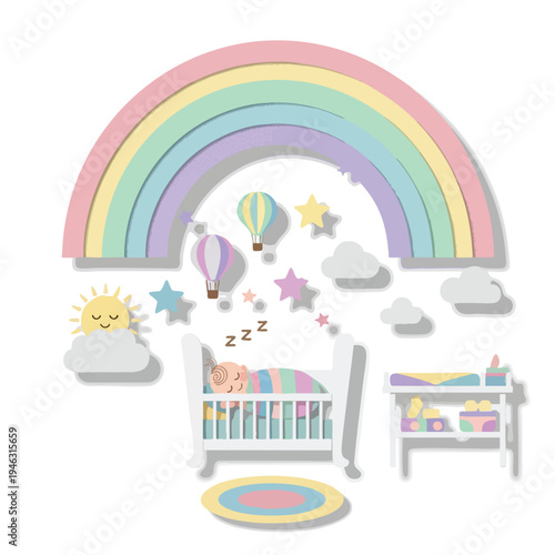 Pastel rainbow arches over a sleeping baby in a crib, hot air balloons, clouds, sun, and stars