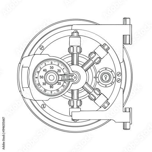 Detailed line drawing of a mechanical vault door with a combination lock and bolt mechanism