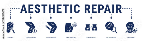 Aesthetic Repair web banner icon vector illustration featuring Otoplasty, Varicose Veins, Sclerotherapy, Skin Grafting, Scar Removal and Microsurgery