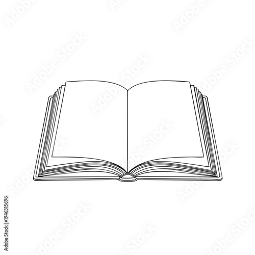 An open outline sketch of a book with blank pages, spread wide on a white background