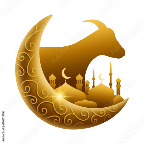 Golden Eid al-Adha Illustration with Goat Silhouette, Crescent Moon, and Mosque