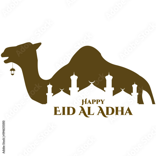 Happy Eid Al Adha Greeting with Camel Silhouette and Mosque