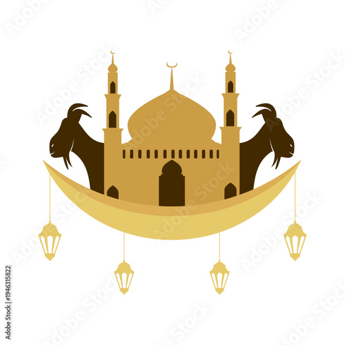 Eid al-Adha Greeting Illustration with Mosque, Goats, and Crescent Moon