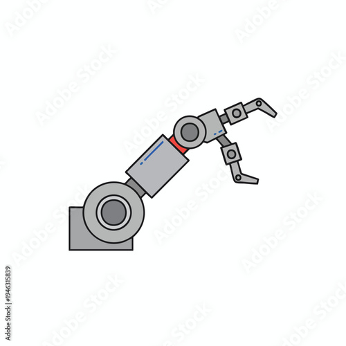 A gray robotic arm with a mechanical claw, articulated segments, and a red accent