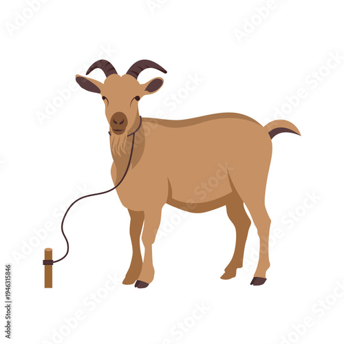 Brown Goat Tied to Wooden Stake Vector Illustration