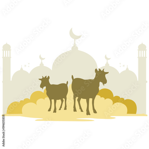 Islamic Eid al-Adha Illustration with Goats and Mosque Silhouette