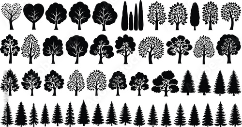 Collection of diverse tree silhouettes including deciduous and evergreen shapes, botanical nature icons set isolated for forest landscape design use
