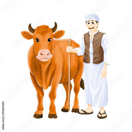 Muslim Farmer with Cow Illustration for Eid al-Adha Sacrifice