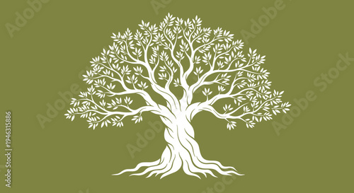 Tree of Life Illustration with Twisting Trunk Branches and Roots Silhouette on Green Background for Nature Spiritual Symbol Design