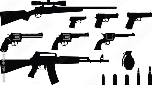 Collection of Firearm Weapon Silhouettes Including Rifles Pistols Revolvers Grenade and Ammunition Icons Isolated on White Background for Military Design