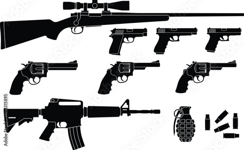 Collection of Firearm and Weapon Silhouettes Including Rifles, Pistols, Revolvers, Grenade and Ammunition Isolated on White Background