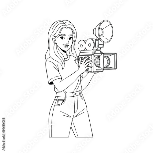 Line drawing of a smiling woman holding a vintage film camera, ready to shoot