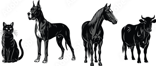 Black Vector Illustration Collection of Cat Great Dane Dog Horse and Cow Standing Isolated on White Background for Animal Design