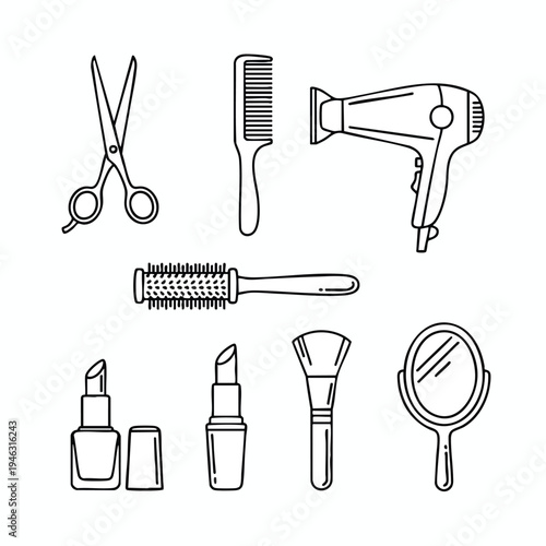 Stylized outline icons of beauty and hair tools, including scissors, comb, hair dryer, brush, lipstick, and mirror