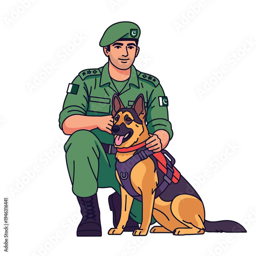 Pakistani army soldier with german shepherd dog, pak army K9 unit, military working dog handler
