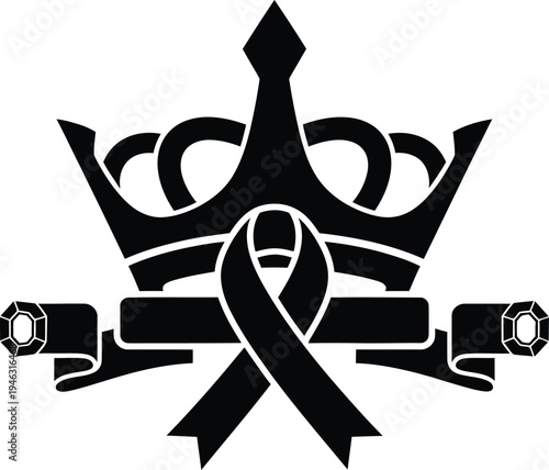 A vector illustration of a crown with a ribbon and banner in a regal setting