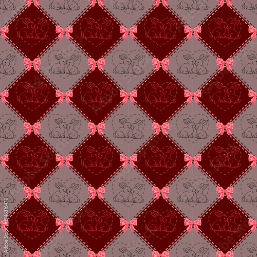 This sweet and cute rabbit-themed fabric, reminiscent of vintage or quilted styles, features a rabbit and bow decoration theme. The pattern is arranged in a rhombus shape, with the main colors being 