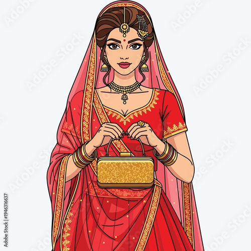 Elegant Indian bride in red saree holding clutch bag on wedding day