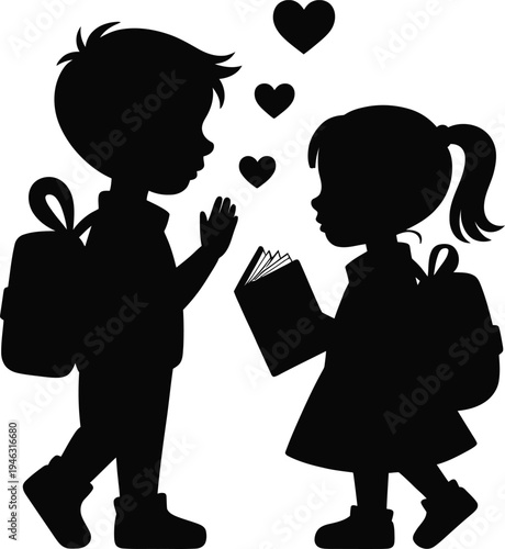 Black silhouette of a schoolboy and schoolgirl with hearts, Love and friendship concept