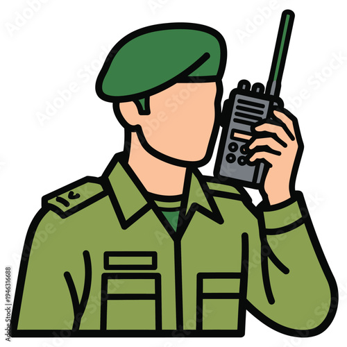 Soldier in green uniform using radio walkie talkie communication device