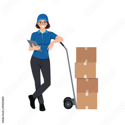 Female Courier Worker Standing with Hand Truck and Delivery Boxes. Flat Vector Character