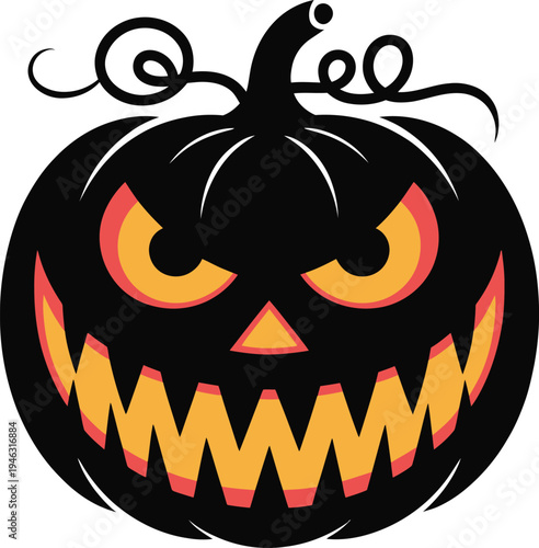 Halloween pumpkin jack-o-lantern face with glowing eyes and sharp teeth on black background