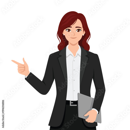 Confident Businesswoman Pointing Sideways Holding Folder. Professional Corporate. Flat Vector Character