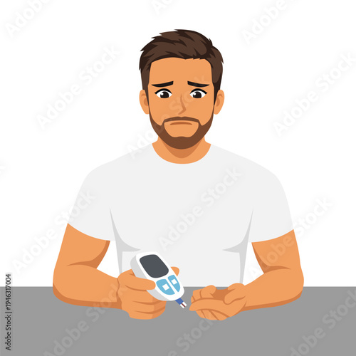 Worried Man Checking Blood Sugar Level with Glucose Meter. Flat Vector Character